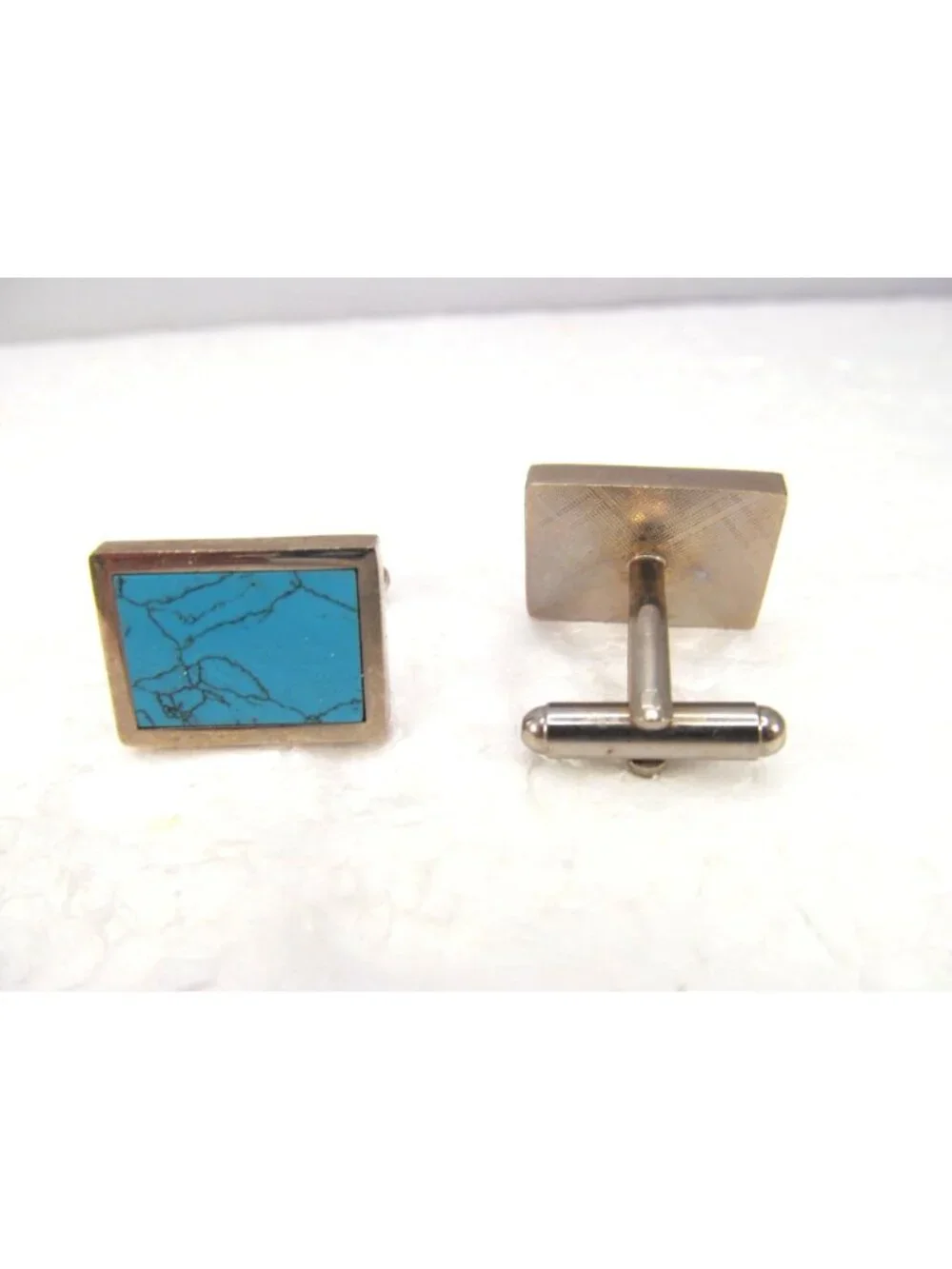 Men's Rectangle Acrylic Faux Turquoise Cufflinks Silver Tone Metal & Bullet Back